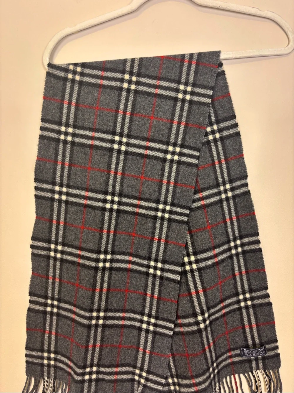 Burberrys Grey Plaid Wool Scarf with Red & White Windowpane